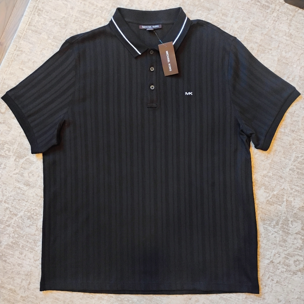 NWT XL Michael Kors Black Tone-on-tone Vertical Textured Stripe Knit Polo Shirt